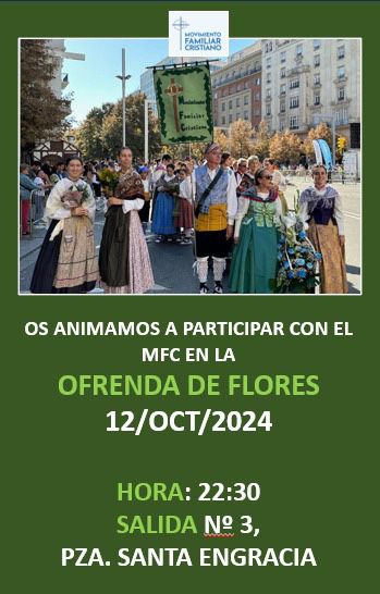 FIESTAS DEL PILAR.
Día 12 de Octubre:
-MISA, 12:00 h., Iglesia de la Inmaculada (c/Sainz de Varanda 3, frente al hotel Reina Petronila).
- OFRENDA DE FLORES, 22,30 h., salida n° 3, pza. Santa Engracia.