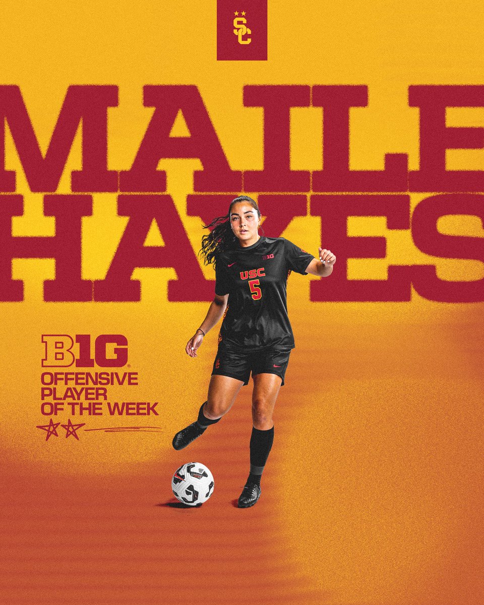 USC Women's Soccer (@usc_wsoccer) on Twitter photo 2️⃣ goals on her Senior Day earns <a href="/MaileHayes5/">Maile Hayes</a> her first <a href="/B1GSoccer/">Big Ten Soccer</a> Offensive Player of the Week award! 🙌✌️
Release: usctrojans.com/news/2024/10/8… 
#FightOn x #WeAreSC 2️⃣ goals on her Senior Day earns <a href="/MaileHayes5/">Maile Hayes</a> her first <a href="/B1GSoccer/">Big Ten Soccer</a> Offensive Player of the Week award! 🙌✌️
Release: usctrojans.com/news/2024/10/8… 
#FightOn x #WeAreSC