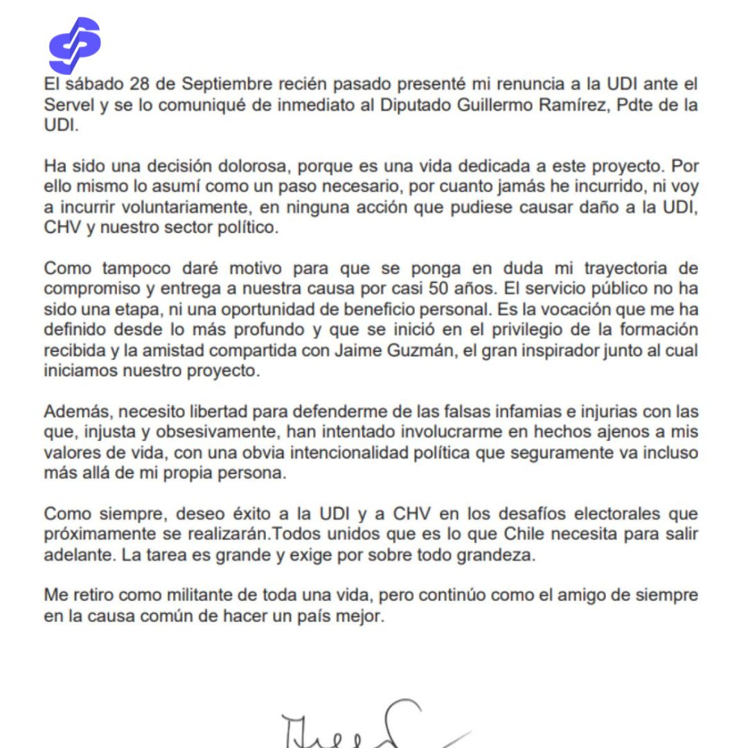 🔴Esta tarde se confirmó que el exministro del Interior, Andrés Chadwick, renunció al partido Unión Demócrata Independiente (UDI), esto tras las polémicas surgidas luego de su salida de la Universidad San Sebastián y su relación con el abogado Luis Hermosilla.