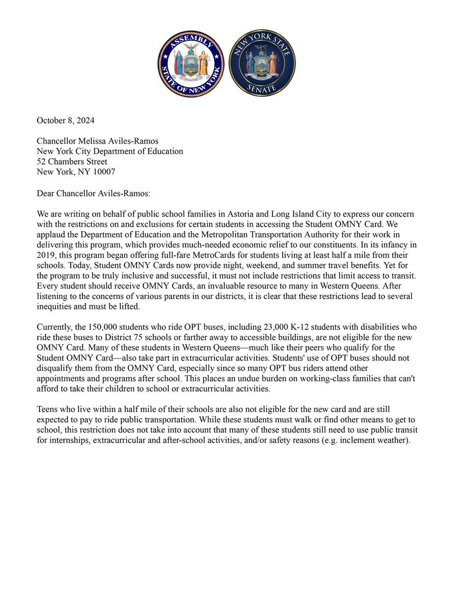 ZohranKMamdani's tweet image. .@SenGonzalezNY and I wrote to Chancellor Aviles-Ramos to urge @NYCSchools to remove unfair restrictions on certain students preventing them from accessing Student OMNY Cards.