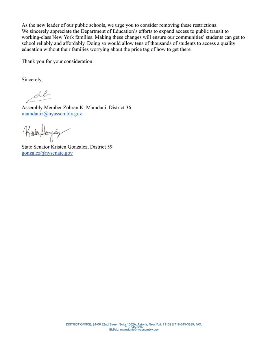 ZohranKMamdani's tweet image. .@SenGonzalezNY and I wrote to Chancellor Aviles-Ramos to urge @NYCSchools to remove unfair restrictions on certain students preventing them from accessing Student OMNY Cards.
