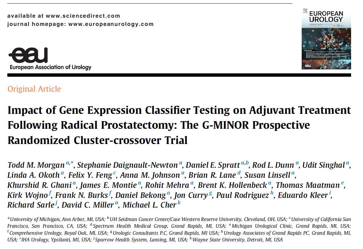 Todd 〽️ Morgan, MD (@wandering_gu) on Twitter photo 🚨Excited to share publication of the G-MINOR trial today in <a href="/EUplatinum/">European Urology</a>. This cluster-crossover trial enrolled 338 patients at high risk of local recurrence post-RP and randomized them to +/- genomic testing (Decipher). G-MINOR Trial on genomic classifier testing (Decipher)🧬 🚨Excited to share publication of the G-MINOR trial today in <a href="/EUplatinum/">European Urology</a>. This cluster-crossover trial enrolled 338 patients at high risk of local recurrence post-RP and randomized them to +/- genomic testing (Decipher). G-MINOR Trial on genomic classifier testing (Decipher)🧬