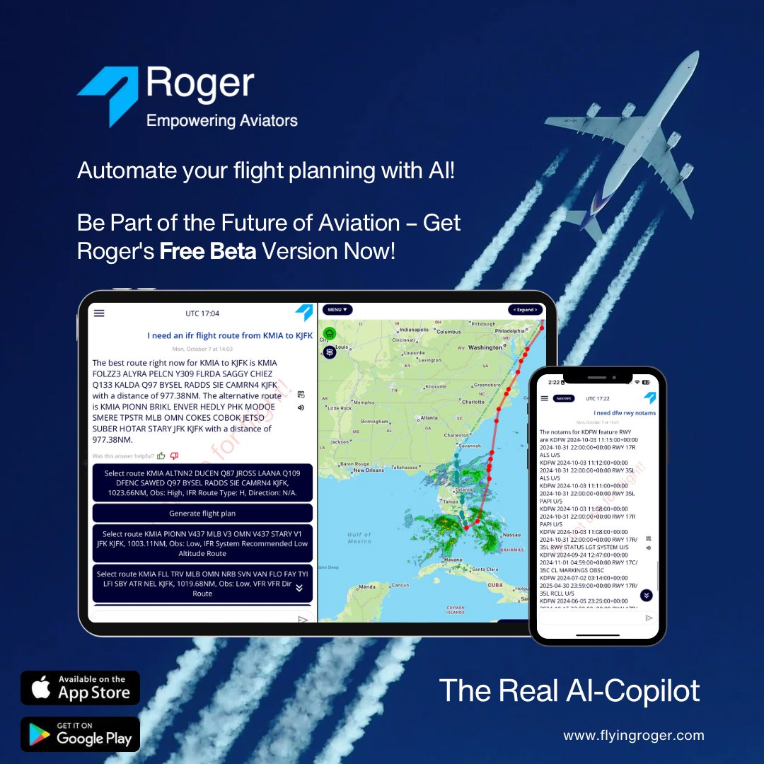 🚀 Roger is the first AI-powered EFB designed to revolutionize the cockpit. Download the free beta today and be among the first to use cutting-edge AI tools built specifically for pilots. Download not at: flyingroger.com/roger-beta
#flying #aviation #aviationdaily #Pilot #FlightClub