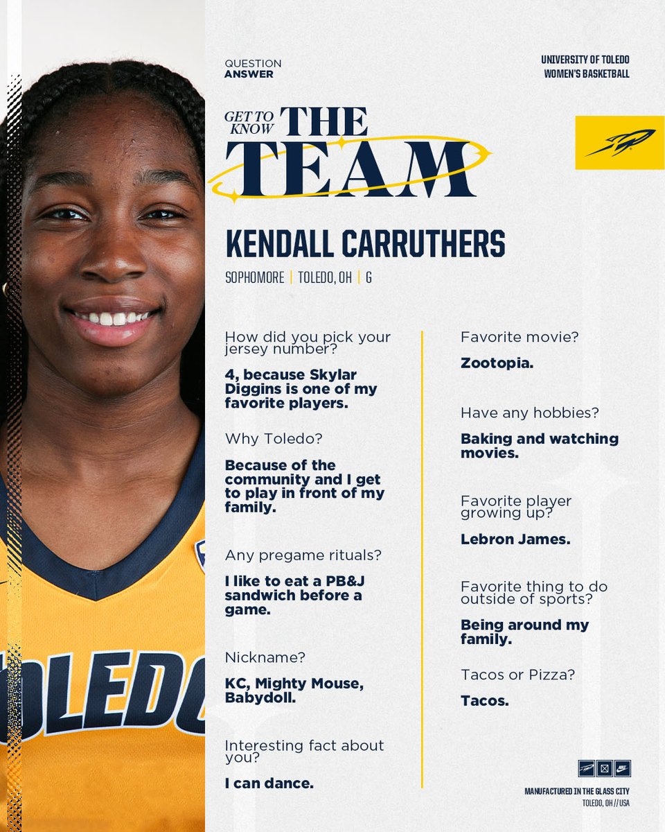 🔵 Eats a PB&amp;J sandwich before every game 🥪
🟡 She enjoys baking 🍪
🔵 Loves being around her family ❤️

Get to know #4, Kendall Carruthers!

#TeamToledo