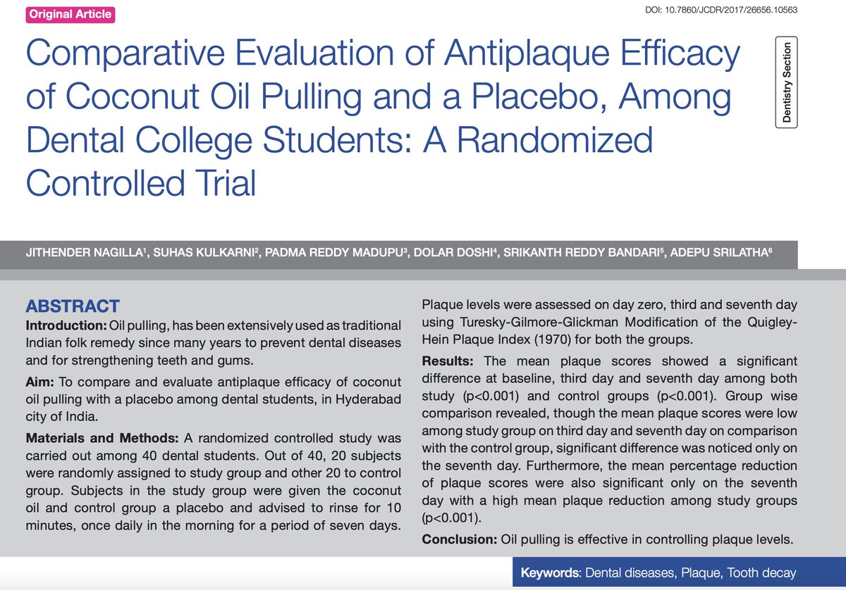 Outdoctrination's tweet photo. Coconut oil pulling reduces dental plaque.

The fats in coconut oil are unique for their antibacterial & antifungal properties.

Coconut oil also directly breaks up the biofilms that create the plaques.

10 minutes. Swish. Spit. You are golden.