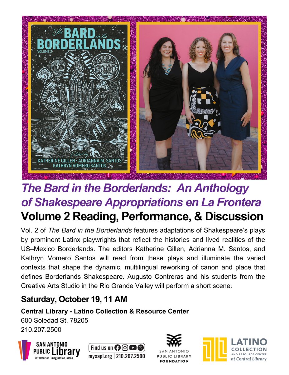 Borderlands Shakespeare Colectiva (@borderlandsshax) on Twitter photo Please join us for The Bard in the Borderlands Volume 2 Launch Party! 🎉
Join us at the <a href="/mysapl/">San Antonio Public Library</a> Central Library on Saturday, October 19, at 11 am for comunidad, a beautiful performance from <a href="/creativeartsrgv/">Creative Arts Studio</a>, pan dulce, and a chance to receive a free copy of V2! Please join us for The Bard in the Borderlands Volume 2 Launch Party! 🎉
Join us at the <a href="/mysapl/">San Antonio Public Library</a> Central Library on Saturday, October 19, at 11 am for comunidad, a beautiful performance from <a href="/creativeartsrgv/">Creative Arts Studio</a>, pan dulce, and a chance to receive a free copy of V2!