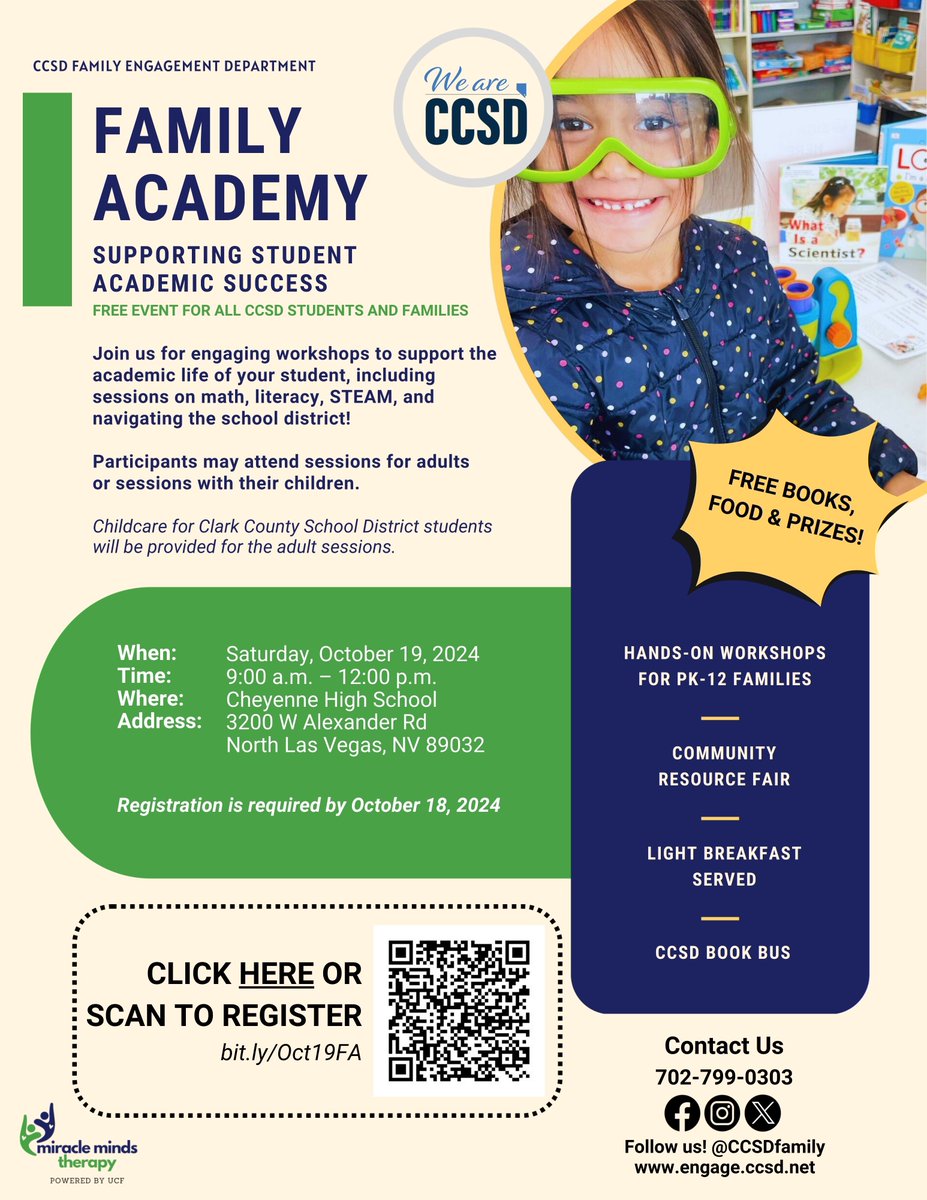 Join us for CCSD’s Family Academy! Register Now: bit.ly/Oct19FA or scan the QR code!

We hope to see you there! Let’s work together to support our children’s success! 

#FamilyAcademy #CCSD #MiracleMindsTherapy #SupportingFamilies #CommunityPartnership #MentalHealth