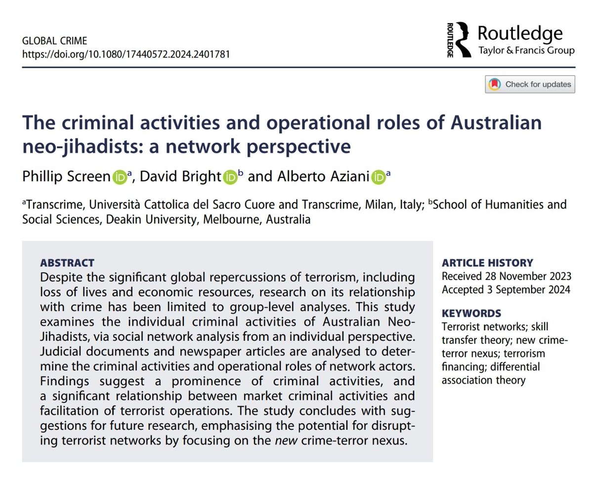 Happy to announce that my paper, written with <a href="/BrightProfessor/">Professor David Bright</a> and <a href="/AlbertoAziani/">Alberto</a>, titled 'The criminal activities and operational roles of Australian 
neo-jihadists: a network perspective' is finally published in Global Crime today! 

doi.org/10.1080/174405…

1/2