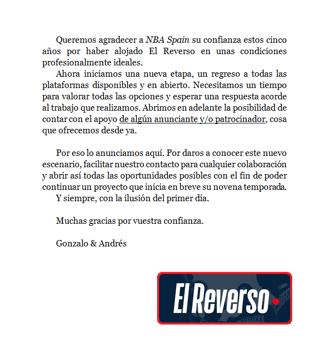 ➡️ El Reverso, un podcast deportivo de culto, busca un nuevo hogar. Atención plataformas, anunciantes, patrocinadores... es una apuesta a caballo ganador. 
✅ Tod@s los que me seguís por aquí y os gusta 🏀, por favor echad una mano y difundid, <a href="/GVazquezNY/">Gonzalo Vázquez</a> <a href="/A_Monje/">Andrés Monje</a> se lo merecen.