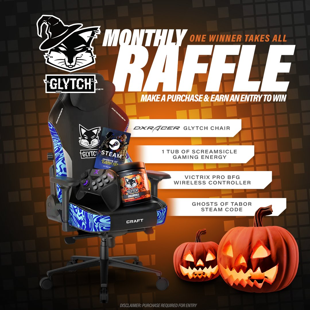 MONTHLY RAFFLE ‼️

We’ve got a spooktacular giveaway for you #GLYTCHFam! 🦊 👻 

Every purchase you make from now till Nov. 4th gets you entered! 

• DXRacer GLYTCH Chair
• 1 tub of Screamscicle
• Victrix Pro BFG Wireless Controller
• <a href="/ghostsoftabor/">Ghosts of Tabor</a> steam code

Good luck! 🎃