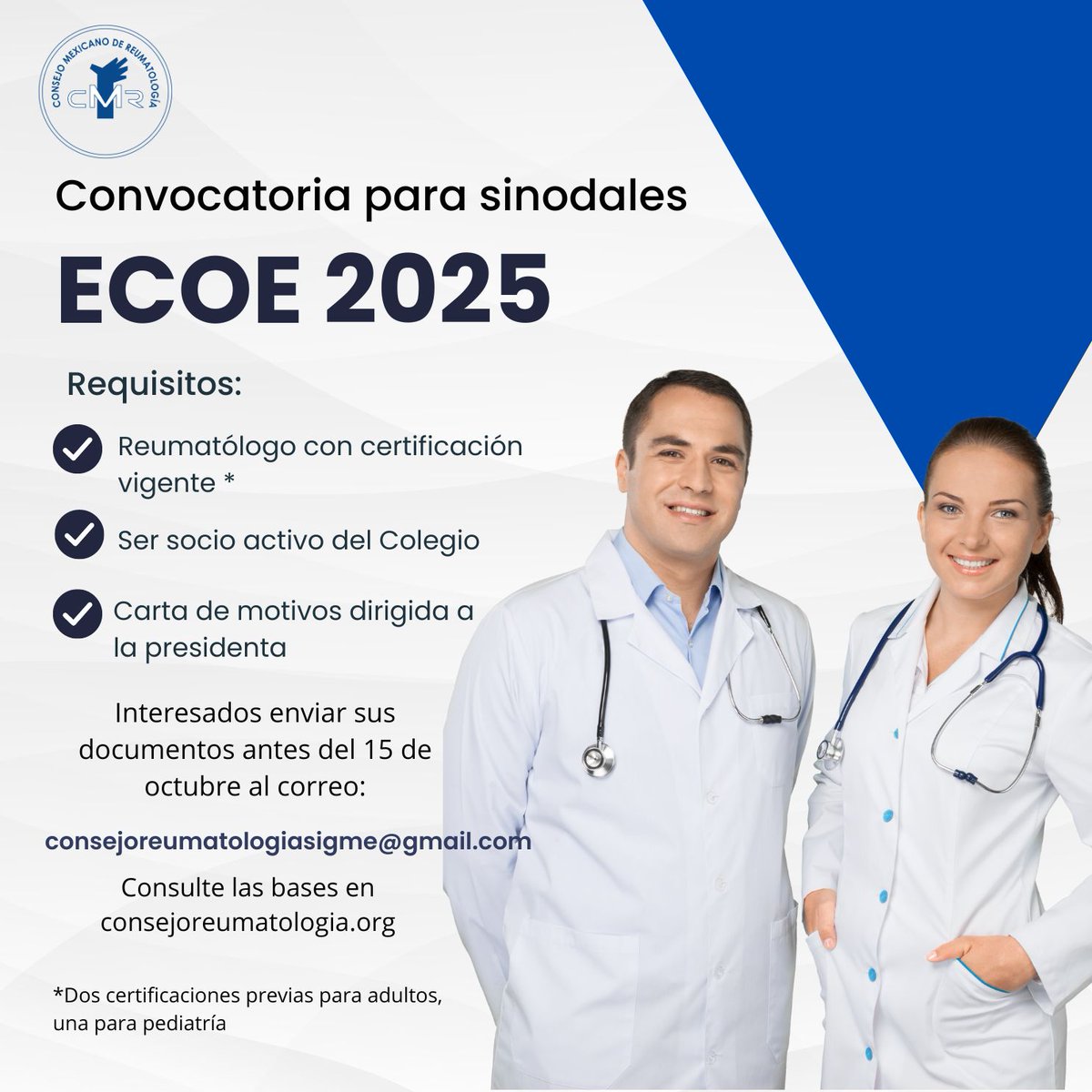 Invitamos a todos los colegas a ser parte del examen de certificación ECOE 2025.
Consulta las bases en consejoreumatologia.org 
Fecha límite de recepción de documentos 15 de octubre 2024.