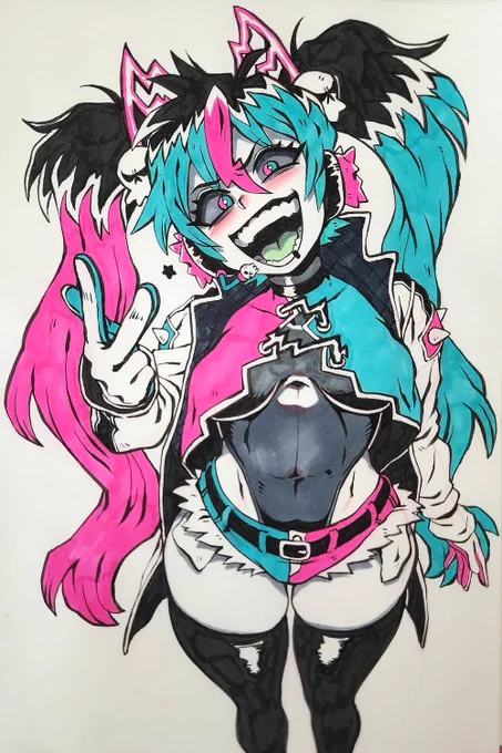 This is Badass Miku that I drew last time! I had fun drawing it! Miku is such a beautiful and noble character. Sometimes I wanted to draw funky designs like this. Thanks for watching!