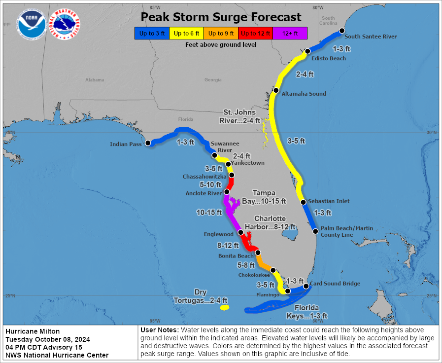 NHC_Surge's tweet image. 10/8 4pm CDT: A large area of destructive storm surge from #Milton is expected along a portion of the west-central coast Florida
If you are in the Storm Surge Warning area, this is an extremely life-threatening situation, & you should evacuate today if ordered by local officials
