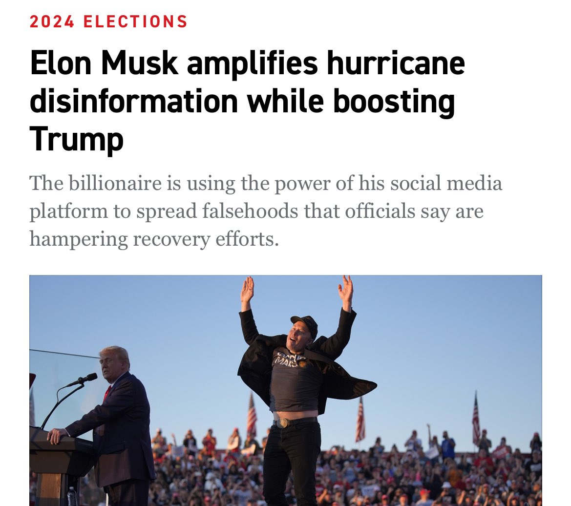 (Politico) - Elon Musk is using his social media network to spread election conspiracy theories about U.S. disasters — just as online falsehoods are complicating the federal response to Hurricanes #Helene and #Milton.

<a href="/politico/">POLITICO</a> $TSLA 
eenews.net/articles/elon-…