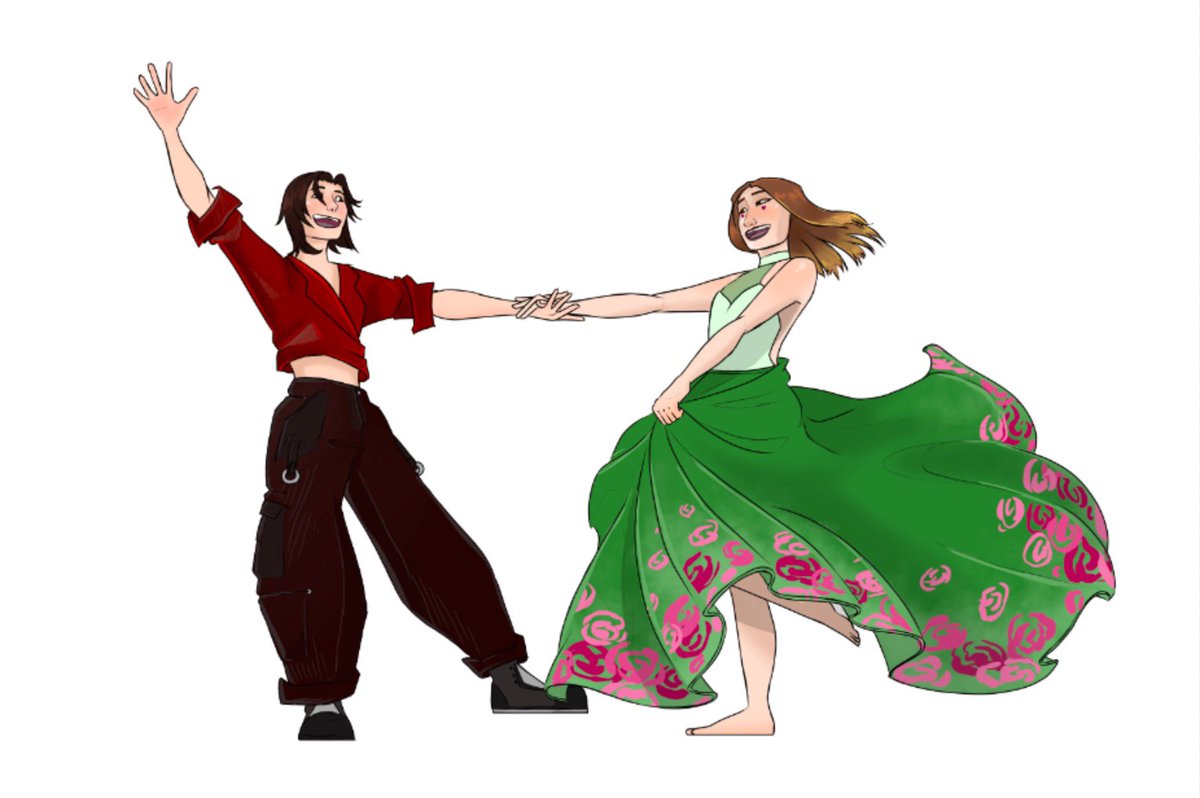 it’s really not that hard to depict transfems in art, this is a piece my dear friend <a href="/ElizaBl99531753/">EJ Black Art</a> made of me (transfem) and my partner (nonbinary) and i think we both look rad :3