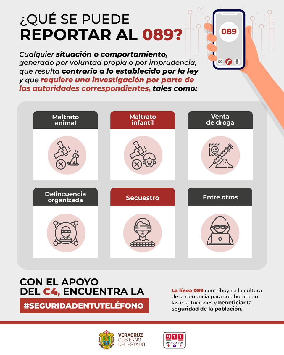 911_Veracruz's tweet photo. El gobierno del Ing. Cuitláhuac García Jiménez se destaca por la búsqueda de la seguridad para todas y todos. Por ello, la Secretaría de Seguridad Pública a través del C4 te informan: ¿Sabes que puedes reportar en la línea 089? https://t.co/qyqMeTECbE