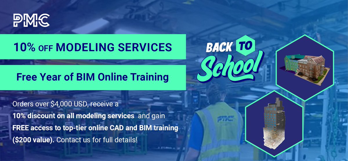 PMC_Corp's tweet image. Contact PMC today for our back-to-school offer! Get 10% off modeling services on orders over $4,000 and enjoy a free year of CAD and BIM online training. Reach out now to see how #simulationmodeling and #BIMtraining can enhance your processes! bit.ly/3VVwM8O