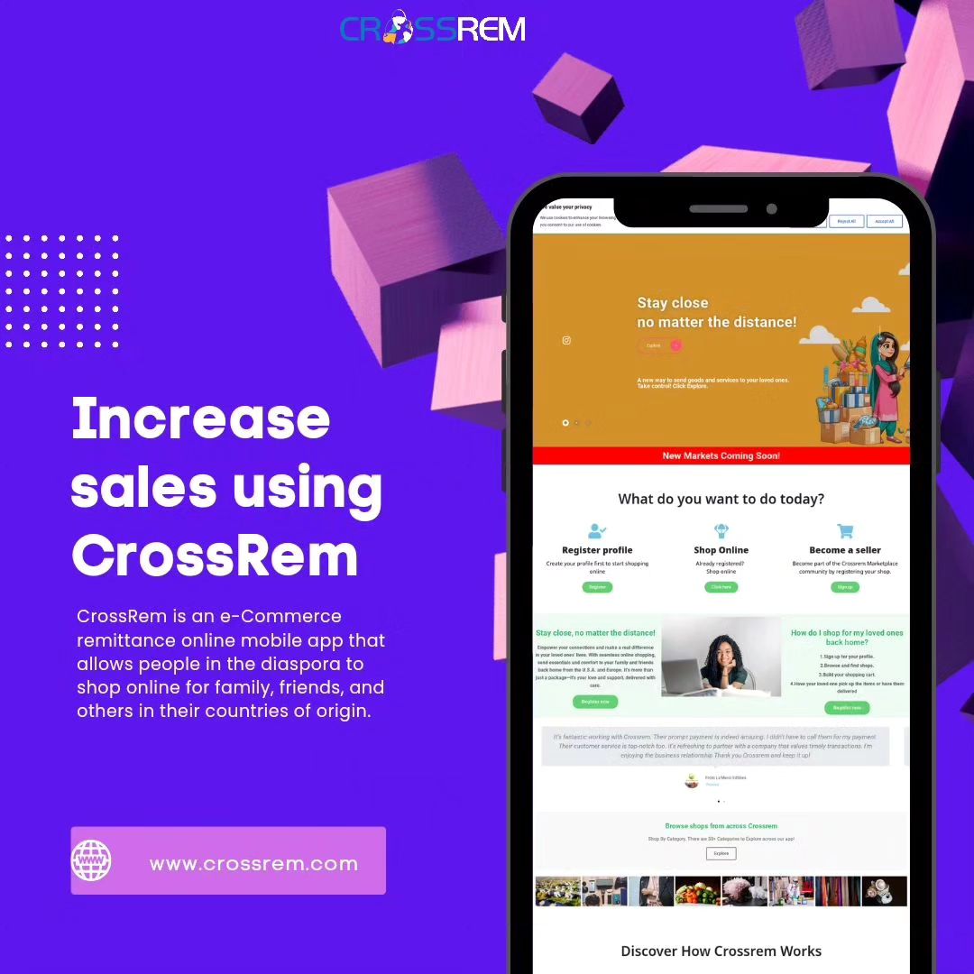 cross_rem's tweet image. Increase sales by connecting with people in the diaspora- Become a vendor on CrossRem App 
.
.
.
.
.
.
.
#CrossRem
#ecommerce
#remittance
#online
#mobile
#diaspora
#family
#friends
#basicneeds
#worldclass
#paymentprocessing
#transaction
#shopforlovedones