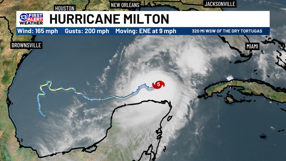 5pm update: As expected, Milton has regained Category 5 strength thanks to its "eyewall replacement". It's still slated to come back down to a borderline Cat 3/4, with offshore wind shear reducing its power before making landfall near Tampa late Wednesday/early Thursday.