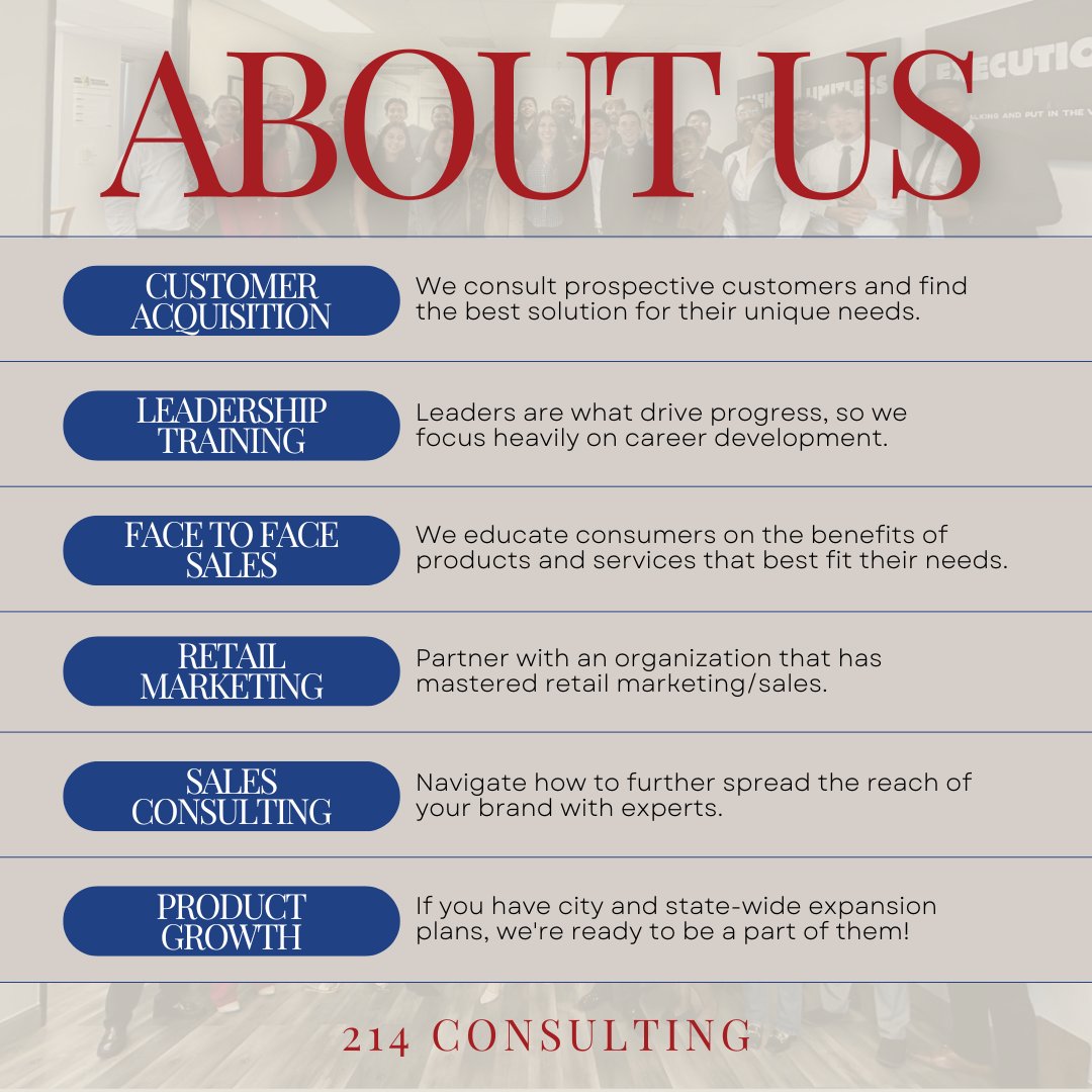 214Consulting's tweet image. At 214 Consulting, we deliver results in every area—from customer acquisitions to product growth and retail sales. 💼 Ready to take your business to the next level? We’ve got you covered!
-
#214consultingirving #aboutus #whatweoffer