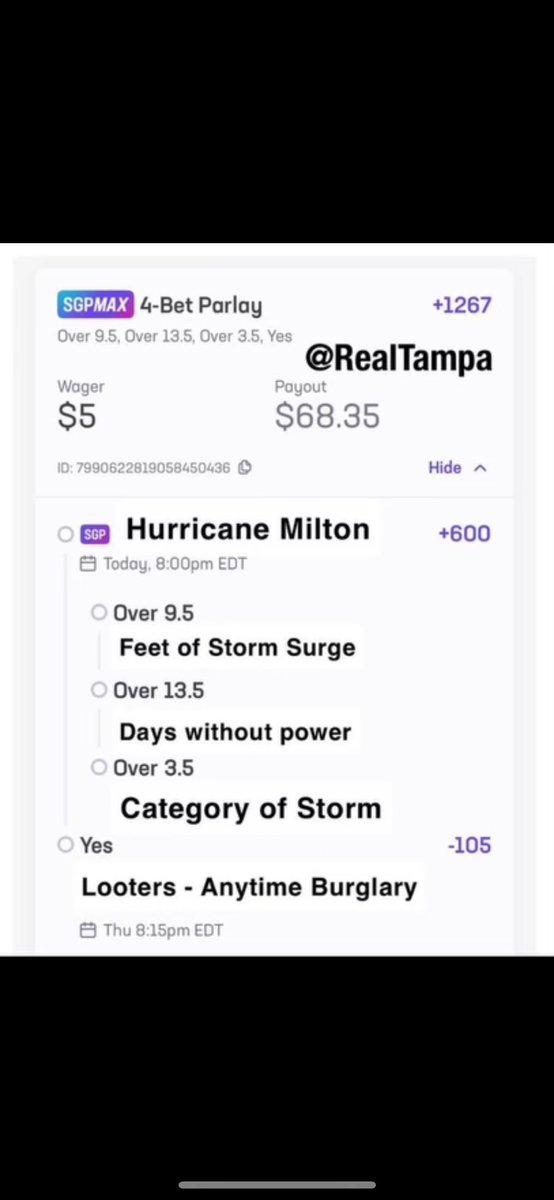 Not lookin good for the Tampa Bay area. Hopefully we can get lucky 🙏🏻. On a lighter note check out this parlay. This is some Tampa shit right here 😂 #Milton
