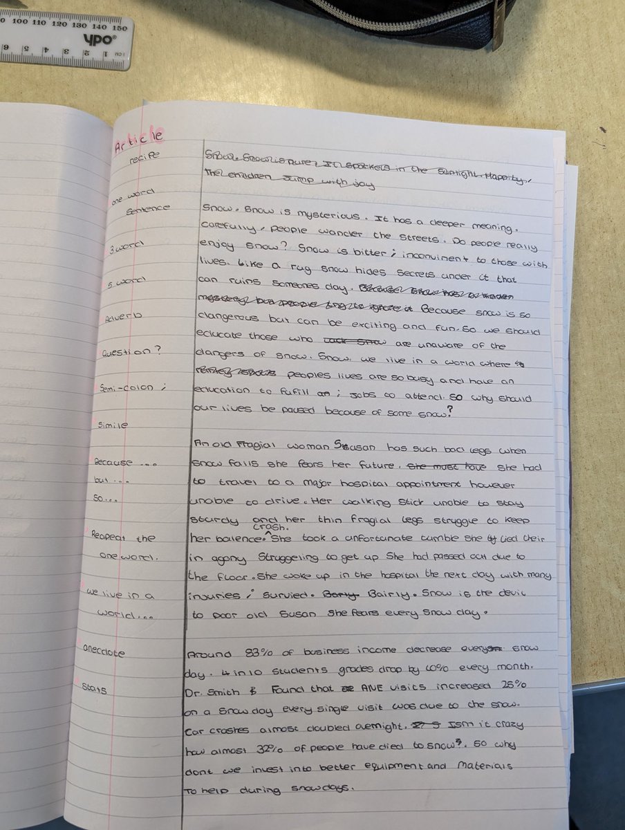 'Recipe Writing' via a dictated-instructive-model answer: I dictate what to use... "Write a 3 word sentence, now a 5, now a 20, now use a semi colon, next use a simile, then ask a question"... Then they write the 'recipe' on the left &amp; can reuse! MEGA PROGRESS. 🙌 #teamenglish