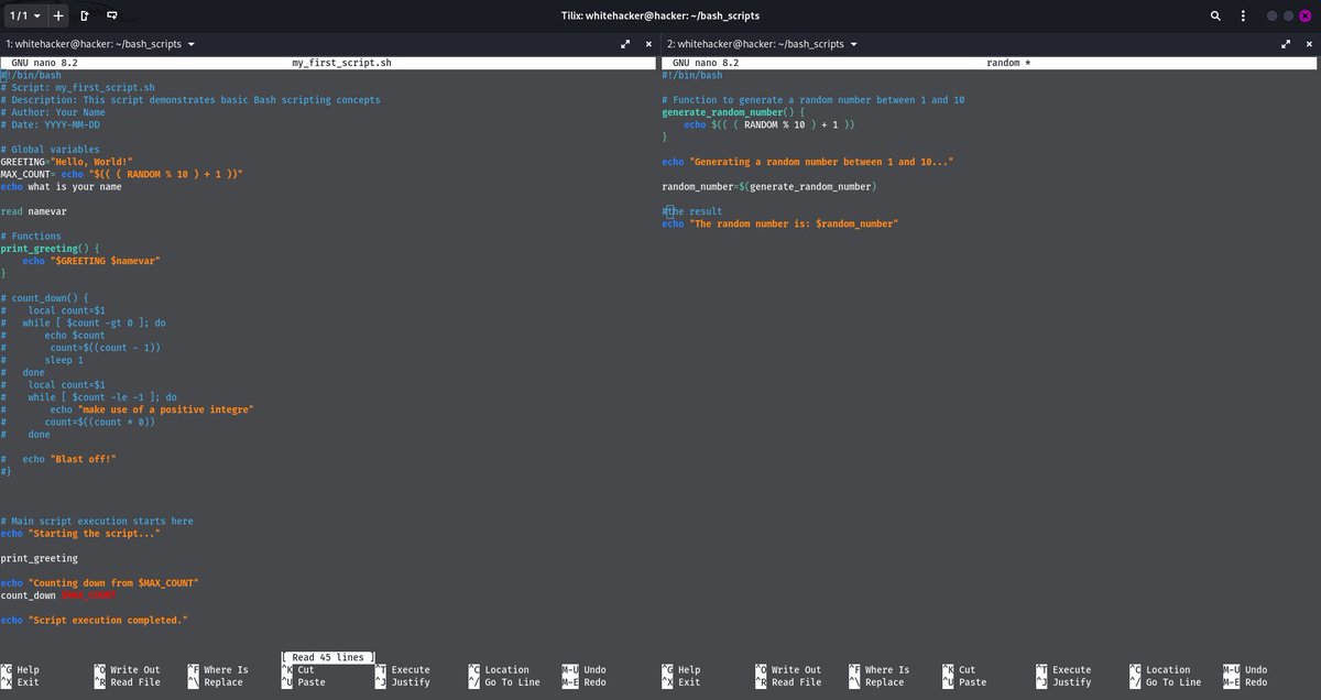 IbraheemA50's tweet image. Day 7⃣ of #30daysofbashscripting
Today’s learning was about applying what I previously learned in Bash scripting to write a complete function-based code. I used Bash to generate a random number, ask for a name, and handle errors if the number is negative by prompting an error mes