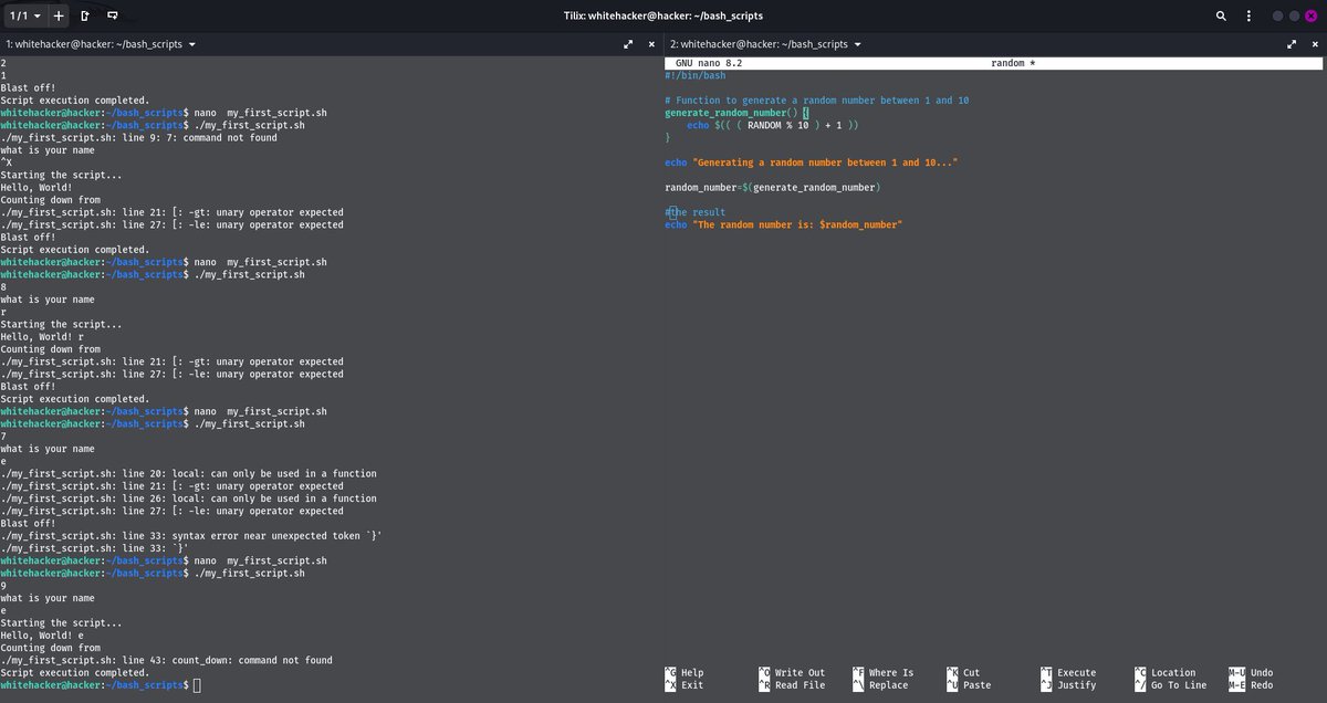IbraheemA50's tweet image. Day 7⃣ of #30daysofbashscripting
Today’s learning was about applying what I previously learned in Bash scripting to write a complete function-based code. I used Bash to generate a random number, ask for a name, and handle errors if the number is negative by prompting an error mes