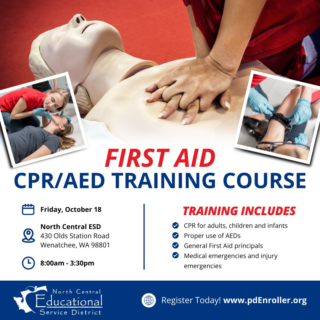 The NCESD School Nurse Corps is partnering with the <a href="/ChelanDouglasHD/">Chelan-Douglas HD</a> to offer in person HSI First Aid/CPR-AED Training. Certified instructors will provide instruction, coaching, and support.
pdenroller.org/esd171/catalog…