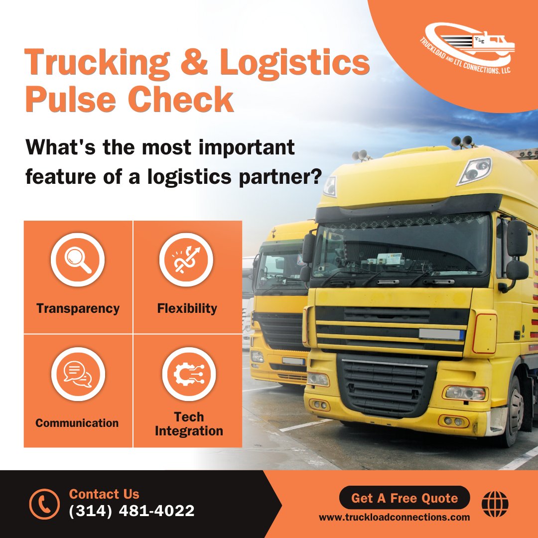 TruckloadCnctn's tweet image. What’s the most important feature of a logistics partner? Cast your vote and let us know which factor drives success in the trucking industry!

#TruckingPoll #LogisticsPartner #FreightLogistics #SupplyChain
