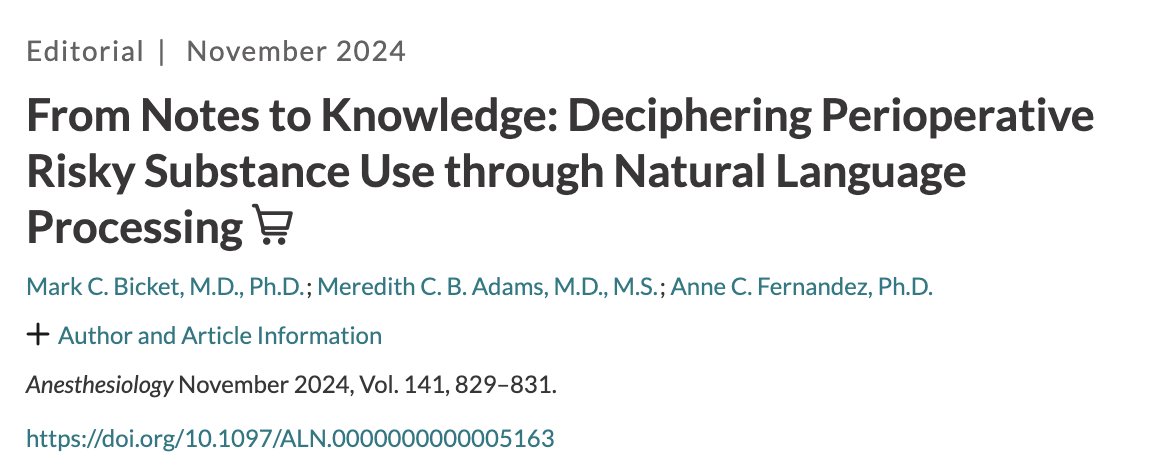 Mark Bicket, MD, PhD, FASA (@markbicket) on Twitter photo Happy to share our new editorial in <a href="/_Anesthesiology/">Anesthesiology</a>
From Notes to Knowledge: Deciphering Perioperative Risky Substance Use through Natural Language Processing
Congratulations to my co-authors <a href="/MeredithAdamsMD/">Dr. Meredith C. B. Adams</a> and @annefernanPhD 👏
doi.org/10.1097/ALN.00… Happy to share our new editorial in <a href="/_Anesthesiology/">Anesthesiology</a>
From Notes to Knowledge: Deciphering Perioperative Risky Substance Use through Natural Language Processing
Congratulations to my co-authors <a href="/MeredithAdamsMD/">Dr. Meredith C. B. Adams</a> and @annefernanPhD 👏
doi.org/10.1097/ALN.00…
