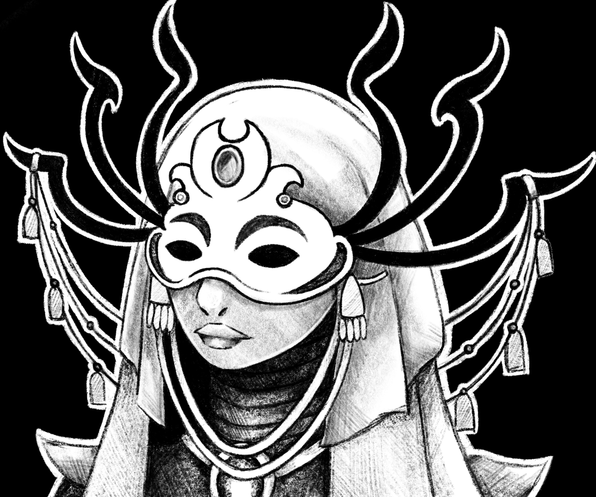 Skipped Day 5 for now, as my idea didn't work out. Will work on it on a later date. Sooooo:

Day 6 - Deity

This is Triali, goddess of death from Felice campaign. 😊

#inktober2024 #secretsataninktober