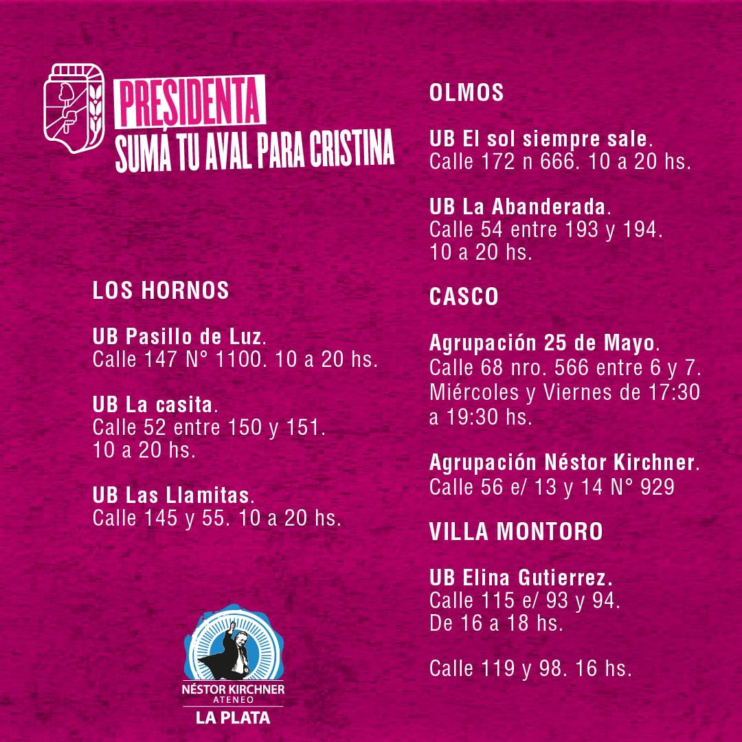 AteneoLP's tweet photo. ✌🏽» CRISTINA PRESIDENTA

Si sos de La Plata y estás afiliadx acercate a nuestros puntos para darle tu aval a Cristina para que pueda ser la primera presidenta en la historia del Partido Justicialista. https://t.co/KyoenQb94G