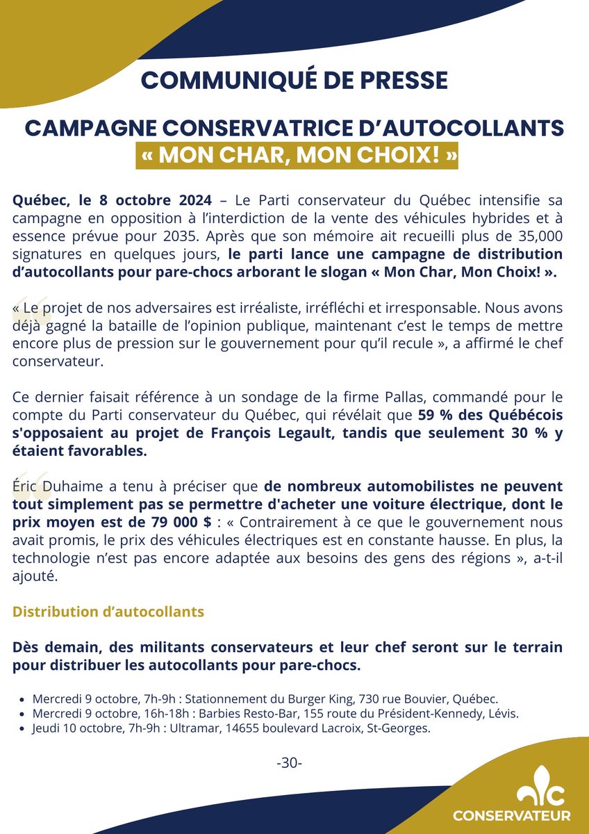 E_Duhaime's tweet image. Ça commence demain: on distribue des autocollants « MON CHAR, MON CHOIX! »

Premier rendez-vous, à Québec, entre 7h et 9h demain matin, dans le stationnement du Burger King au 730, rue Bouvier.

Entre 16h et 17h, on sera du côté de Lévis, dans le stationnement du Barbies, au 150,…
