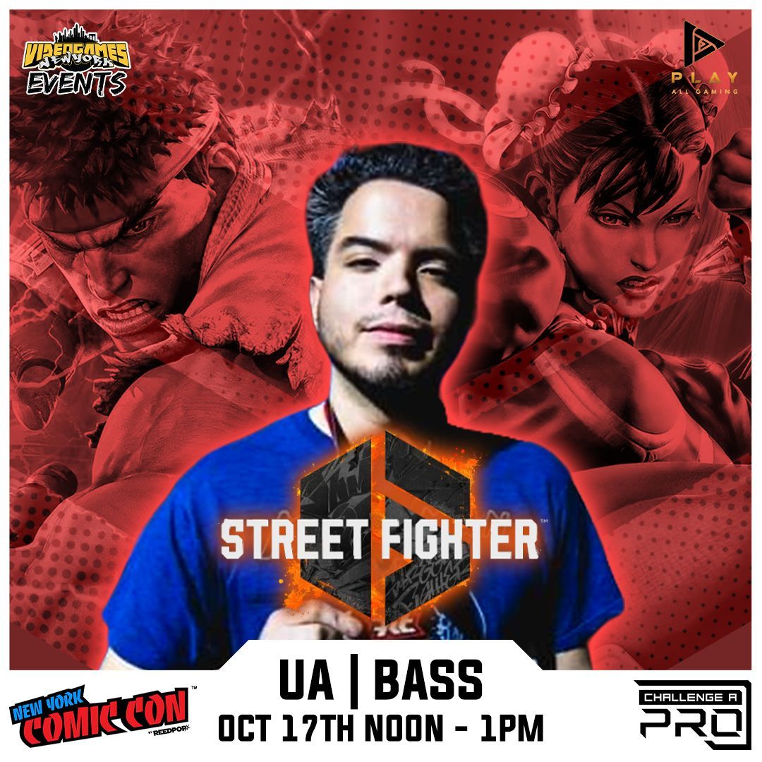 VideoGamesNYC's tweet image. The "CHALLENGE-A-PRO" event series is coming to #NYCC and we're kicking it off on Thursday (10/17) where you can face off against UA | Bass (@XiBassiX) in #StreetFighter6 at Hall 1E!

Brought to you by:  @VGNYevents @PlayAllgaming #VGNYevents @NY_Comic_Con

#FGC #NYCFGC  #Esports