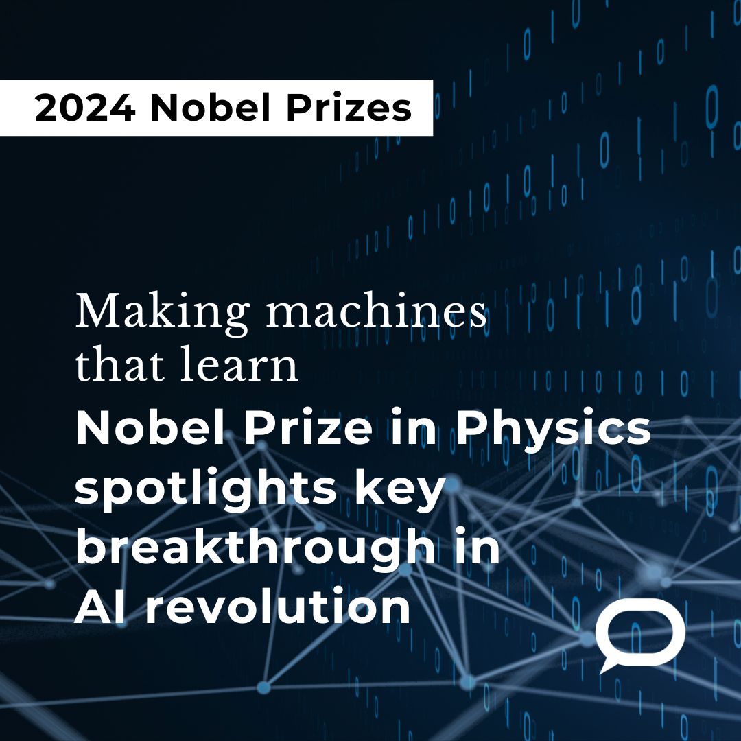 ConversationUS's tweet image. This year’s Nobel Prize in Physics went to two researchers who pioneered the machine learning techniques that are at the core of ChatGPT generating text, Siri answering questions, and banks noticing fraudulent charges – as well as many other useful innovations.

A statistician…