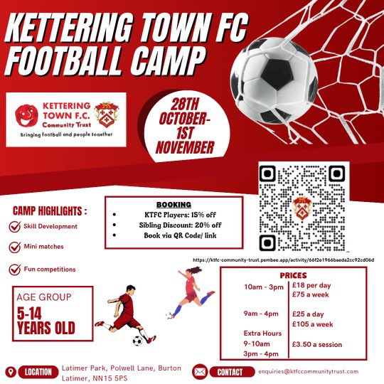 Booking for the Kettering Town FC October Half-Term camp is now open! 🔴⚫️
If you’re looking for somewhere safe &amp; great fun for your children to attend in the upcoming school holiday, why not come &amp; join us - weekly &amp; daily bookings available ⚽️