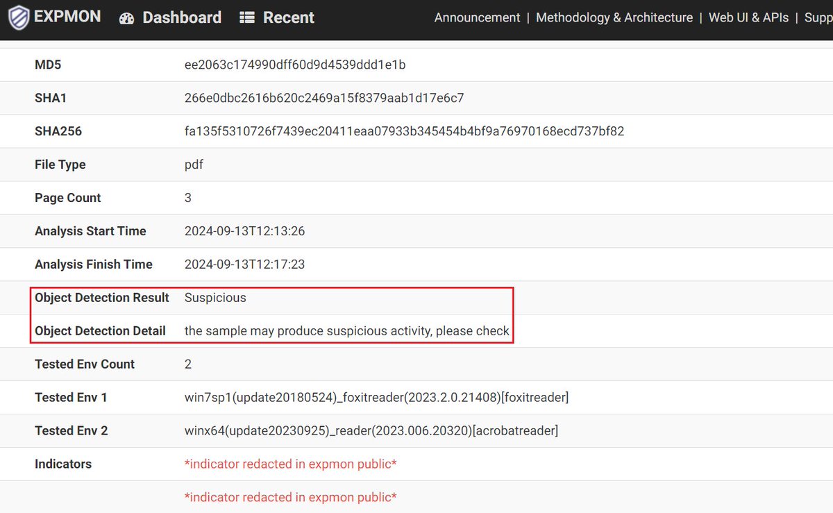 Recently, two submitted PDF exploit samples were successfully detected by EXPMON's "detection-in-depth" feature!

pub.expmon.com/analysis/13792…
pub.expmon.com/analysis/14858…

They're Adobe Reader exploits for CVE-2023-21608, based on the release at github.com/hacksysteam/CV….

#expmon
