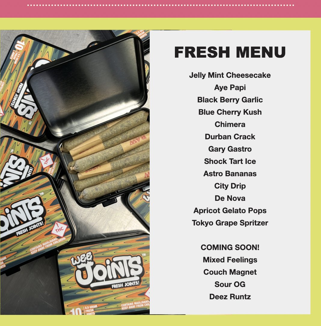 JointsColorado's tweet photo. Latest Menu available on Leaflink. Get em' while they're FRESH!! $BSPK #cannabis #colorado #freshmenu https://t.co/e5da0tXKA9