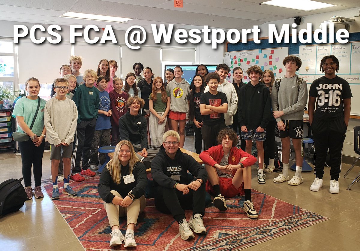 Appreciate PC Student leaders Ava and Parker for leading Westport Middle School’s FCA this morning.  They repped Jesus, PCS, and FCA in a powerful way for our neighboring school.