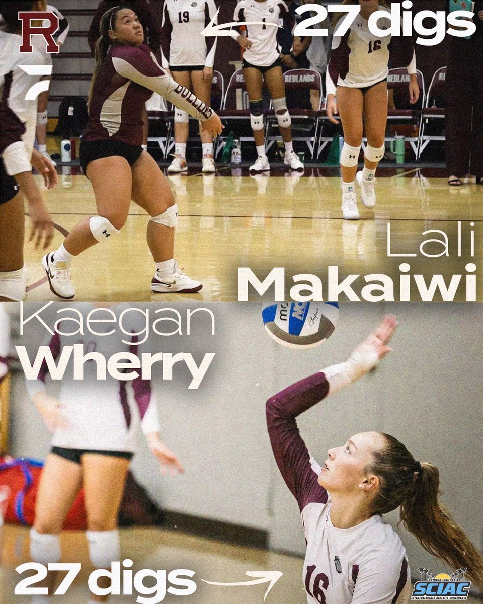FloCollegeVB's tweet image. A game for the record books 🔥🏐

In their game against Chapman, Lali Makaiwi &amp;amp; Kaegan Wherry both had 27 digs which helped the Bulldogs pull off the win. The two are tied for 2nd in the SCIAC for most digs in a single match this year🚨

#sciacvb | @theSCIAC | @GoRedlands