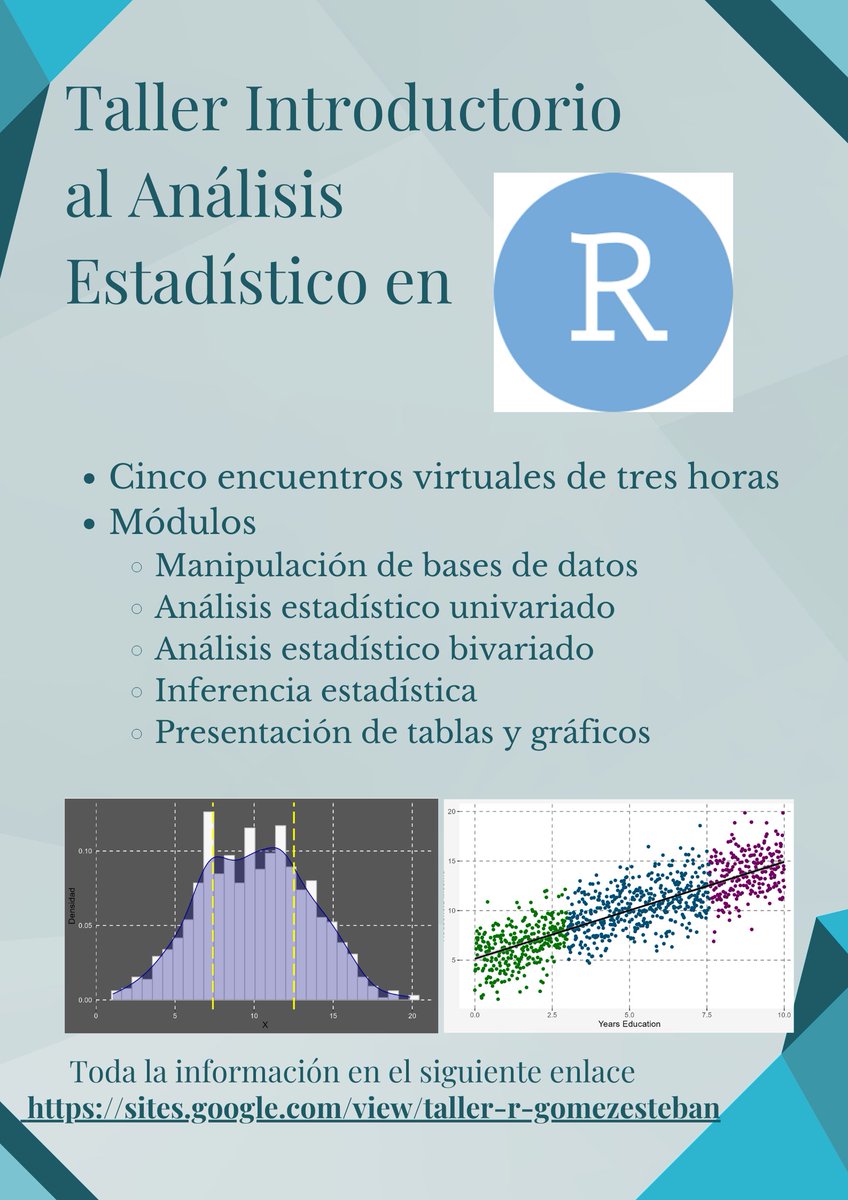 GEsteban_Gomez's tweet image. Si necesitas compañía para atravesar la curva de aprendizaje en R, quieres mejorar la visualización de tus datos y aterrizar la teoría estadística a la realidad, te invito a participar de este curso.

Toda la info esta disponible en este enlace sites.google.com/view/taller-r-…