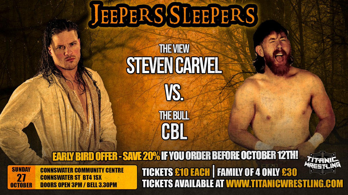 🚨MATCH ANNOUNCMENT🚨
We told you that CBL would be returning and what a match up he'll be faced with on his arrival.
The Bull will go one on one with The View Steven Carvel on October 27th.
Get your tix now at titanicwrestling.com - Save 20% order before Oct 12th!