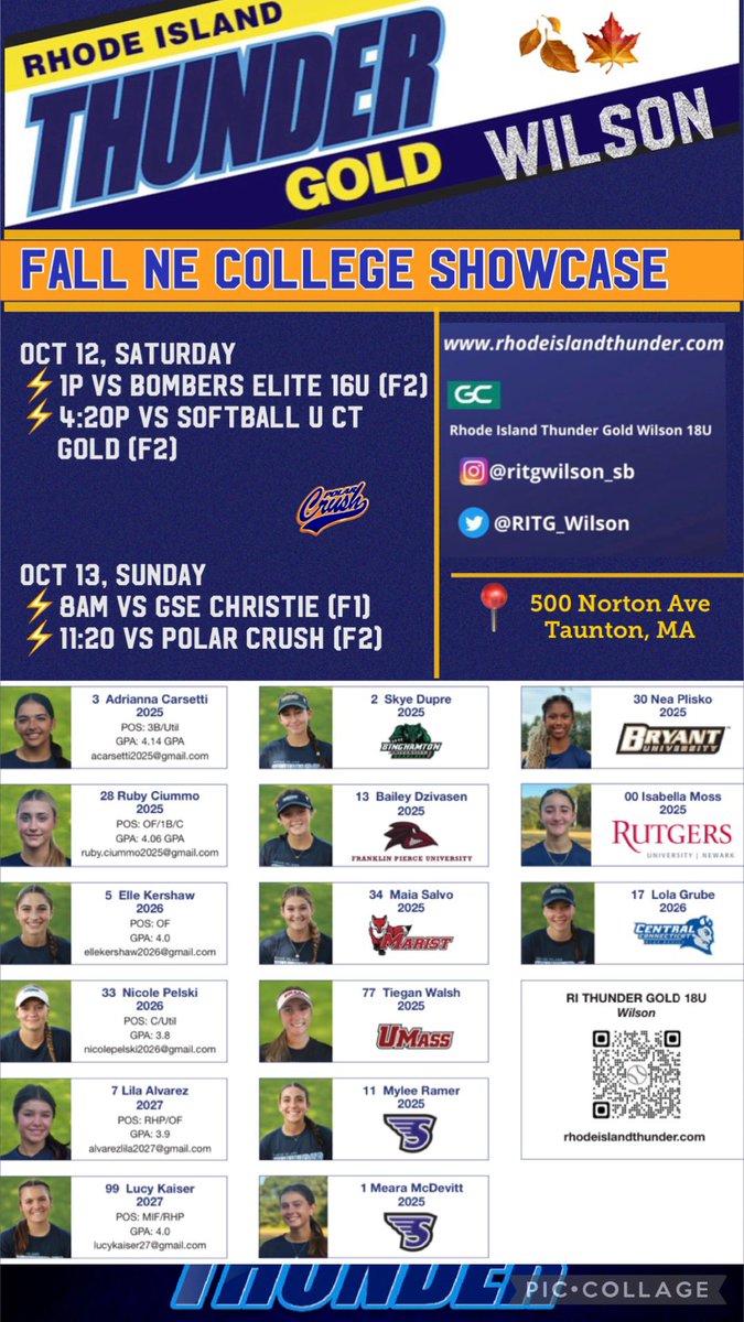 📣Check us out! 🚨 This weekend @ the Fall NE College Showcase‼️

 ⏰ Oct 12th &amp; 14th
📍Taunton Girls Softball Complex
      500 Norton Ave,
      Taunton, MA

🧨 Last weekend did not disappoint!
Check out this talented squad! 🙌🏼
LET’S GO!!! 💥⚡️💯