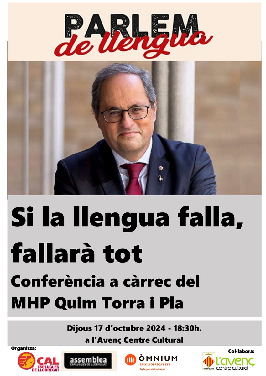 Parlem de llengua a Esplugues. On? A  L'Avenç Centre Cultural maps.app.goo.gl/KmCR54mhMsRHBh… Quan? Dijous 17.10.2024, 18:30h. Ponent: MHP Quim Torra Pla. Us hi esperem!!!! No hi falteu!!!