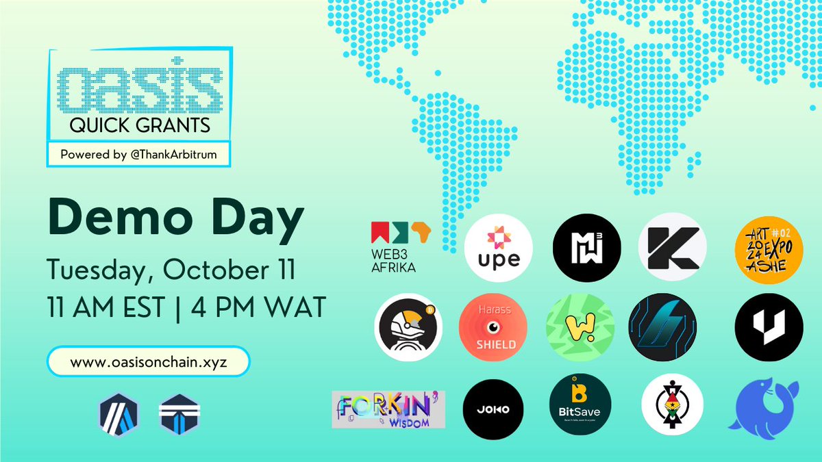 🚨 Oasis Onchain Demo Day is coming! 🚨
Mark your calendars for October 11 at 11 AM EST. Grantees will showcase the projects supported through @thankarbitrum and Oasis onchain quick grants! Come take a look at how builders are transforming the onchain world! 🌍