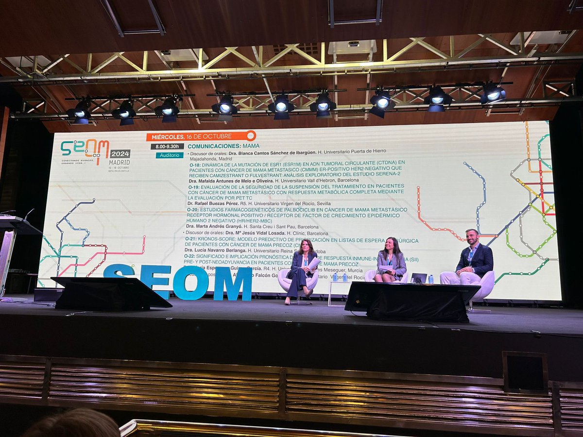 Sesión de comunicaciones orales Cáncer de mama. Gracias al comité científico #SEOM2024# por invitarme a ser discusora junto con la Dra. Cantos y el Dr. Falcon. <a href="/_SEOM/">SEOM</a>