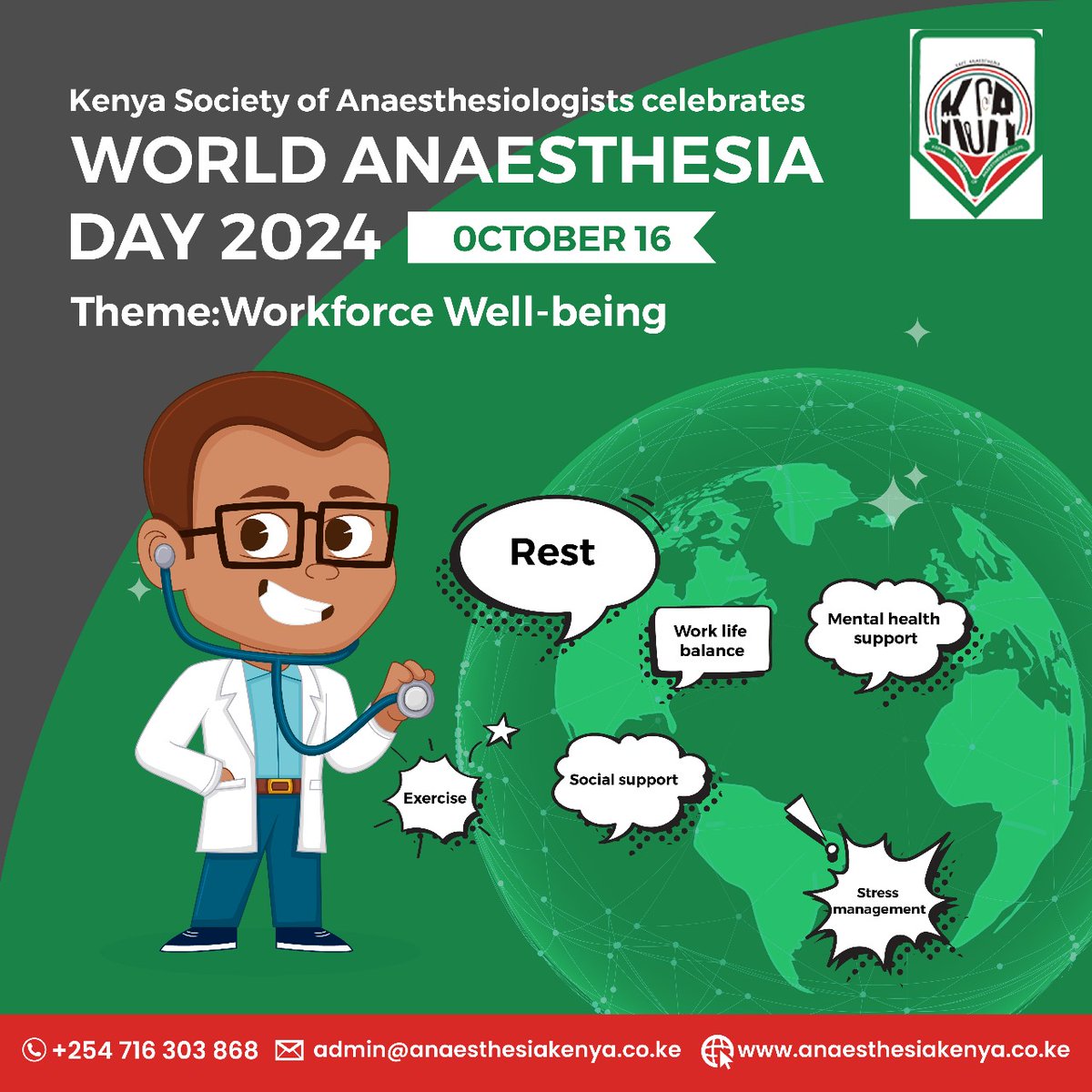 Today, we celebrate the vital role of Anaesthesiologists in safe patient care. From the OR to critical care, their expertise ensures comfort and saves lives. Happy #WorldAnaesthesiaDay 
<a href="/anaesthesia_KE/">KSA_AnaesthesiaKenya</a> 
<a href="/wfsaorg/">WFSA</a>