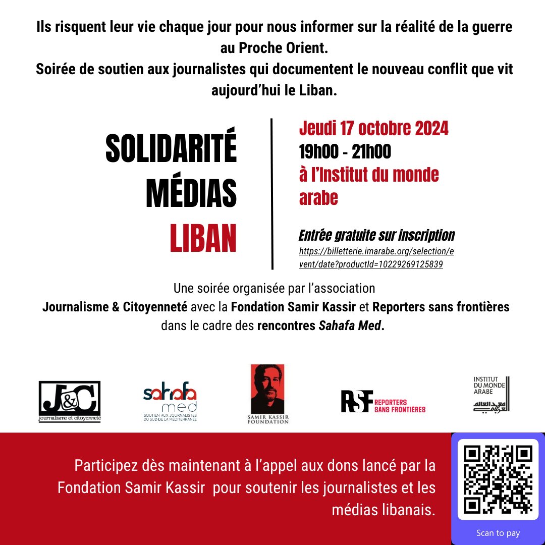 RDV ce jeudi 17 octobre à l'<a href="/imarabe/">Institut du monde arabe</a> pour notre soirée "Solidarité Médias Liban" avec <a href="/RSF_inter/">RSF</a> et La Fondation Samir Kassir. 
Entrée gratuite sur inscription : billetterie.imarabe.org/selection/even…