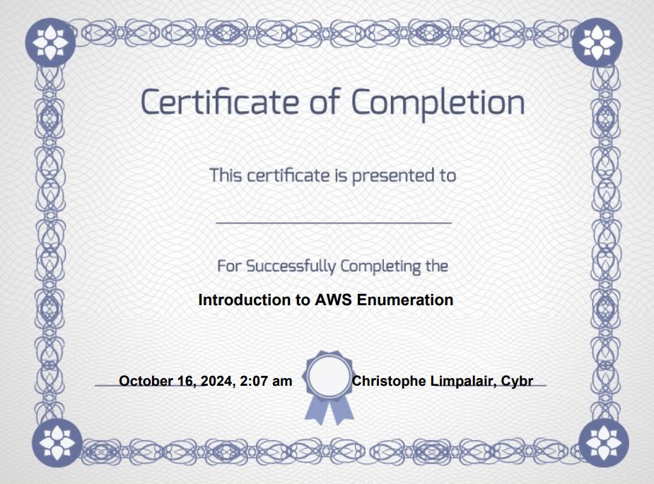 hacking4every1's tweet image. Completed Introduction to AWS Enumeration hands-on course provided by @cybrcom